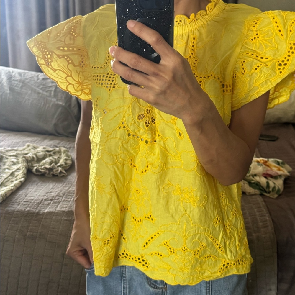Yellow Eyelet Ruffle Sleeve Top
